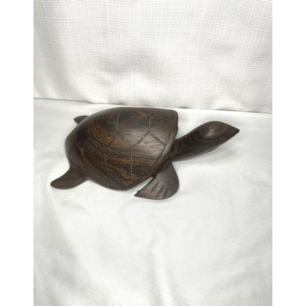 Vintage Hand Carved Dark Wood Sea Turtle Figurine 8 Inch Tropical Coastal Decor